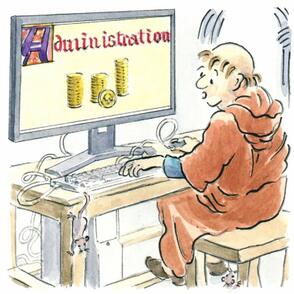 A monk at a computer showing the word Administration